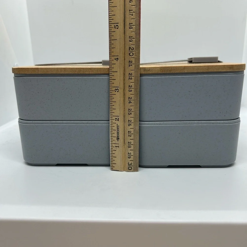 Bamboo and Gray Bento Japanese Wood Bento Lunch Boxes 2 Layer. Set of two